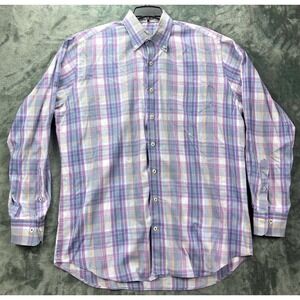 Peter Millar Plaid Button Down Shirt Large, Cotton, Purple Blue Check